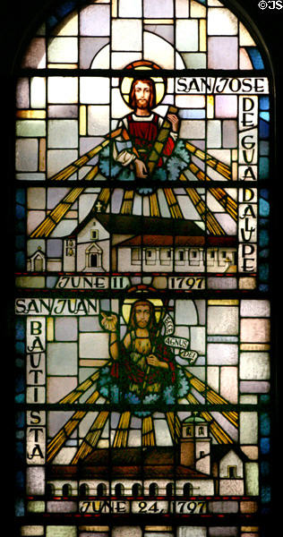 San Jose de Guadalupe & San Juan Bautista missions in stained glass at Mission Dolores. San Francisco, CA.