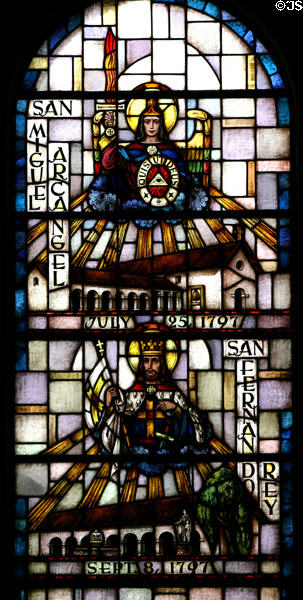 San Miguel Archangel & San Fernando Rey missions in stained glass at Mission Dolores. San Francisco, CA.