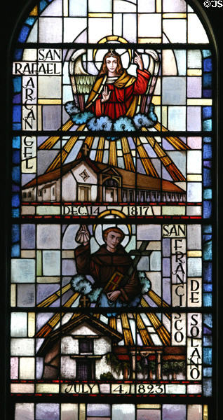 San Rafael Arcangel & San Francisco de Solano missions in stained glass at Mission Dolores. San Francisco, CA.