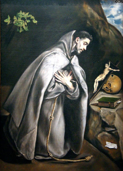 St Francis Venerating the Crucifix painting (c1595) by El Greco at Legion of Honor Museum. San Francisco, CA.