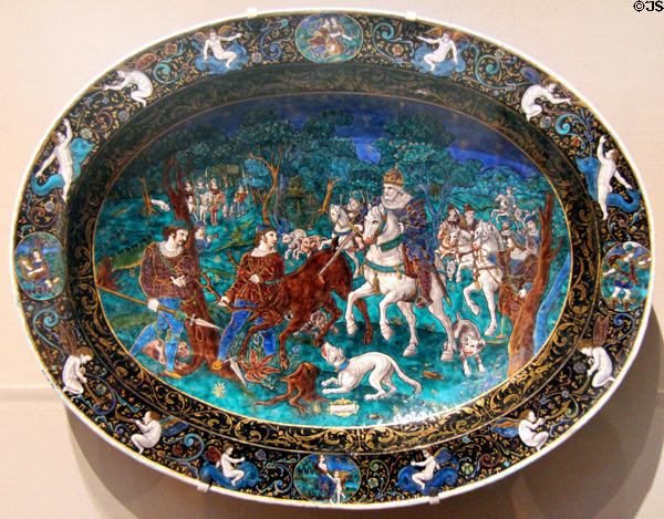 Hunting scene enamel on copper salver (c1570) by Jean Limosin of Limoges, France at Legion of Honor Museum. San Francisco, CA.