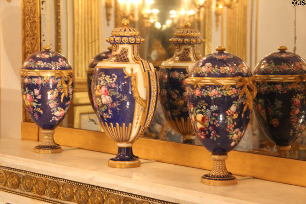 French porcelain on mantle of Salon Doré from Hôtel de la Trémoille from Paris at Legion of Honor Museum. San Francisco, CA.