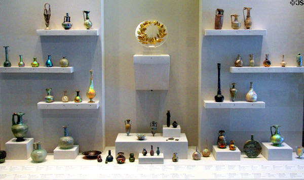 Collection of ancient Mediterranean glass (c5thC BCE - 2ndC CE) at Legion of Honor Museum. San Francisco, CA.