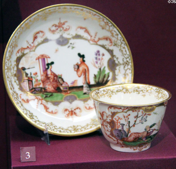 Porcelain teabowl & saucer (c1723-4) by Meissen Porcelain Manuf. of Germany at Legion of Honor Museum. San Francisco, CA.