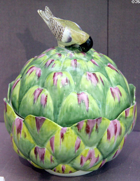 Porcelain artichoke tureen with bird handle (c1754-5) from Chelsea, England at Legion of Honor Museum. San Francisco, CA.