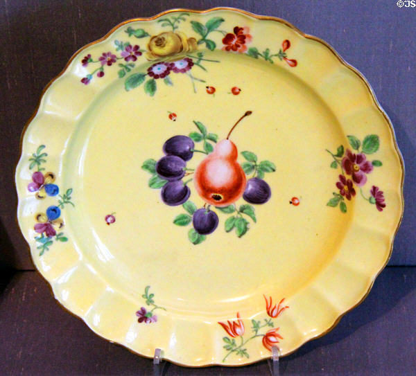 Porcelain plate with cluster of fruit (c1770-2) from Worcester, England at Legion of Honor Museum. San Francisco, CA.