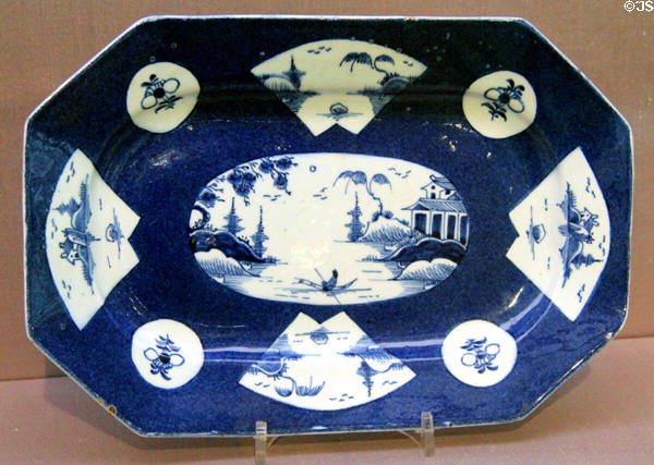 Porcelain rectangular dish in blue with oriental decoration (c1758-62) from Bow, England at Legion of Honor Museum. San Francisco, CA.