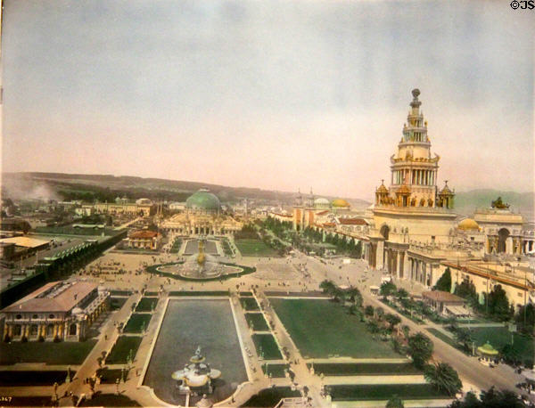 Hand-tinted print shows Tower of Jewels over South Gardens & Glass-Domed Palace of Horticulture of Panama-Pacific International Exposition (1915) in private collection. San Francisco, CA.