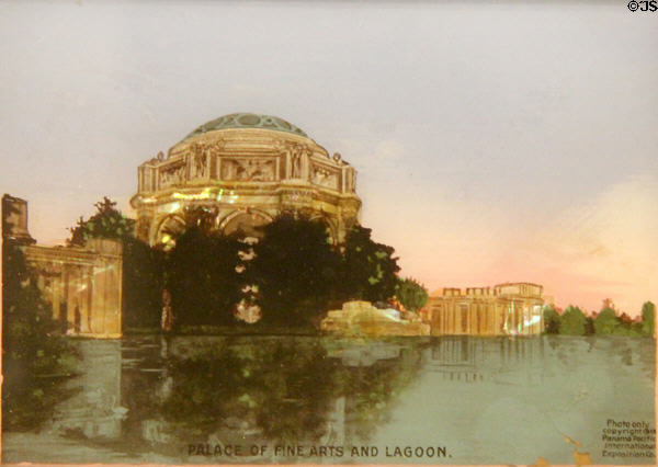 Hand-tinted photo shows Palace of Fine Arts of Panama-Pacific International Exposition (1915) in private collection. San Francisco, CA.