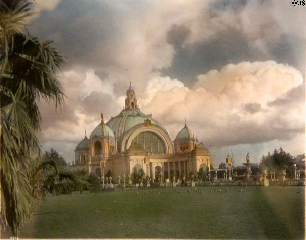 Hand-colored print shows Festival Hall of Panama-Pacific International Exposition (1915) in private collection. San Francisco, CA.