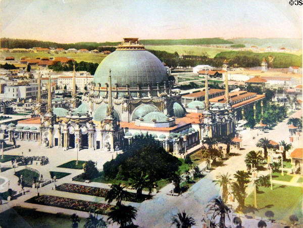 Hand-colored print shows Palace of Horticulture building with Great Glass Dome of Panama-Pacific International Exposition (1915) in private collection. San Francisco, CA.
