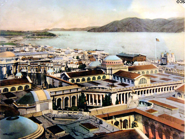 Hand-colored print shows buildings of Panama-Pacific International Exposition (1915) before Golden Gate entrance to San Francisco harbor in private collection. San Francisco, CA.