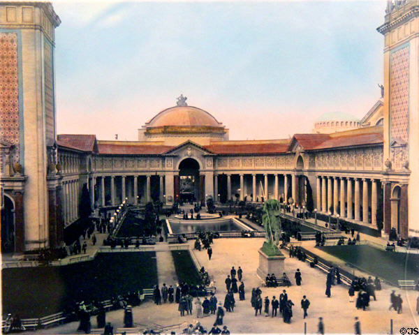 Hand-colored print shows Court of Four Seasons of Panama-Pacific International Exposition (1915) in private collection. San Francisco, CA.