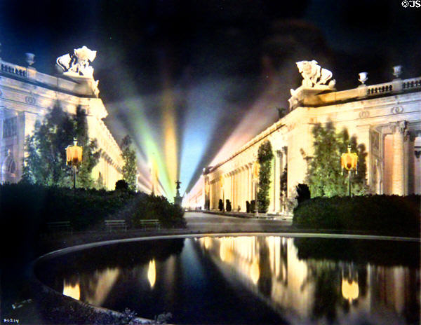Hand-colored print shows colored light show at night of Panama-Pacific International Exposition (1915) at California Historical Society. San Francisco, CA.