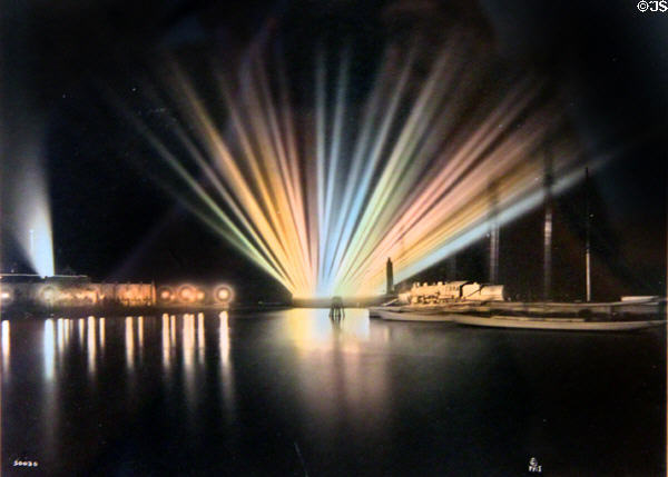 Hand-colored print shows colored light show at night of Panama-Pacific International Exposition (1915) in private collection. San Francisco, CA.