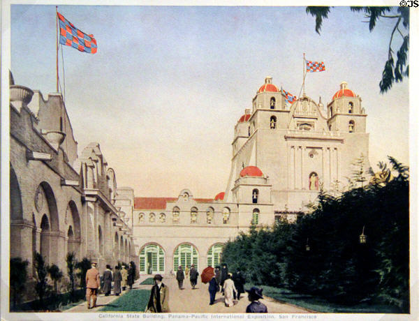 Print shows California State Building of Panama-Pacific International Exposition (1915) at California Historical Society. San Francisco, CA.