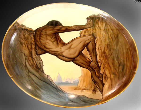 Ceramic plate with Labor of Hercules opening Panama Canal after design by Perham Wilhelm Nahl, a souvenir of Panama-Pacific International Exposition (1915) in private collection. San Francisco, CA.