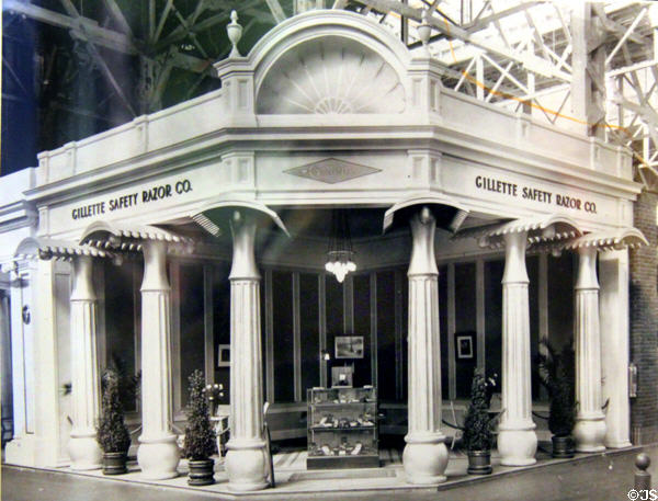 Print showing Gillette Safety Razor booth supported by razor columns at Panama-Pacific International Exposition (1915) in private collection. San Francisco, CA.