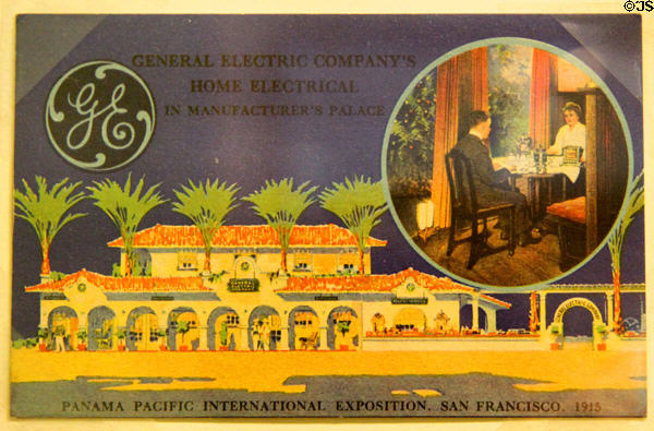 Postcard of General Electric Home Electrical exhibit in Palace of Manufactures at Panama-Pacific International Exposition (1915) at California Historical Society. San Francisco, CA.