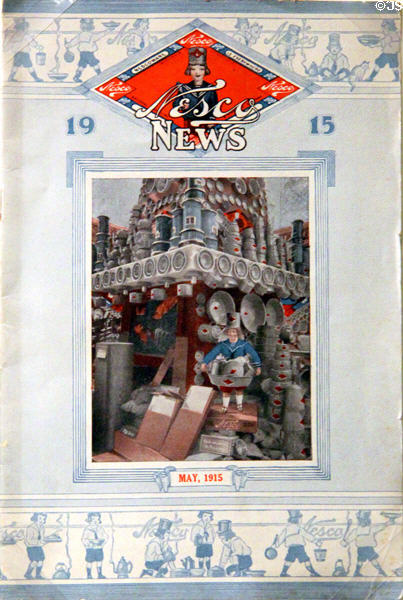 Nesco News shows company's metal products piled in shape of Tower of Jewels at Panama-Pacific International Exposition (1915) in private collection. San Francisco, CA.