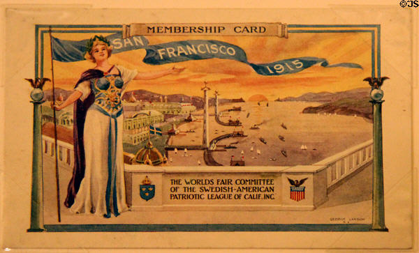 Swedish American Patriotic League of California membership card shows Panama-Pacific International Exposition (1915) in private collection. San Francisco, CA.