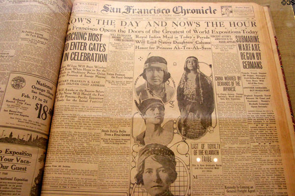 San Francisco Chronicle front page for opening day (Feb. 20, 1915) of Panama-Pacific International Exposition (1915) at California Historical Society. San Francisco, CA.