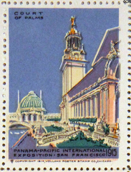 Court of Palms poster stamp from Panama-Pacific International Exposition (1915). San Francisco, CA.