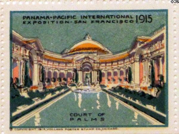 Court of Palms poster stamp from Panama-Pacific International Exposition (1915). San Francisco, CA.
