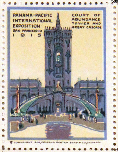 Court of Abundance Tower & Great Cascade poster stamp from Panama-Pacific International Exposition (1915). San Francisco, CA.