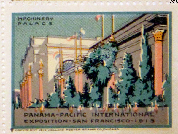 Machinery Palace poster stamp from Panama-Pacific International Exposition (1915). San Francisco, CA.