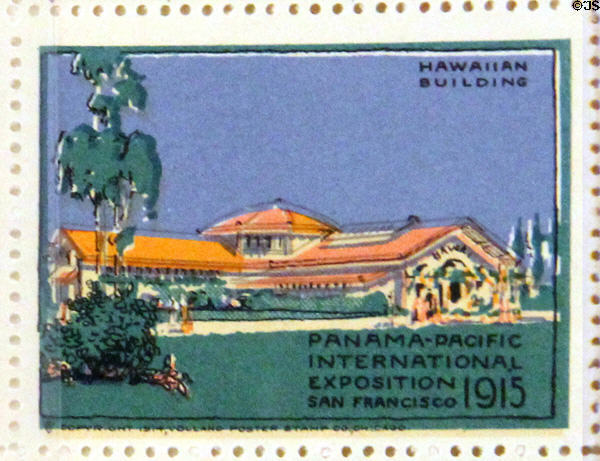 Hawaiian Building poster stamp from Panama-Pacific International Exposition (1915). San Francisco, CA.