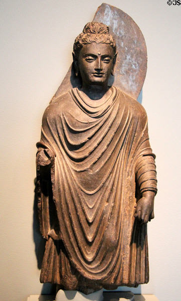 Standing Buddha schist sculpture (c200-350) from Gandhara, Pakistan at Asian Art Museum. San Francisco, CA.
