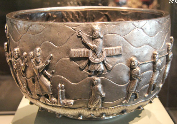 Silver ceremonial bowl with Zoroastrian themes (1875-1900) from Burma at Asian Art Museum. San Francisco, CA.