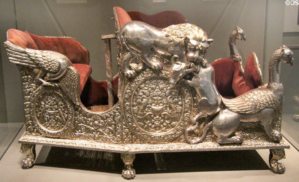 Elephant throne partly gilded & painted silver (1870-1920) from India at Asian Art Museum. San Francisco, CA.