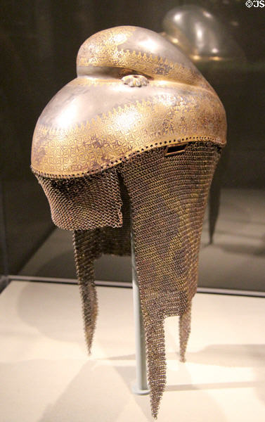 Gold overlaid iron helmet with chain mail neckguard (1820-40) from Pakistan at Asian Art Museum. San Francisco, CA.