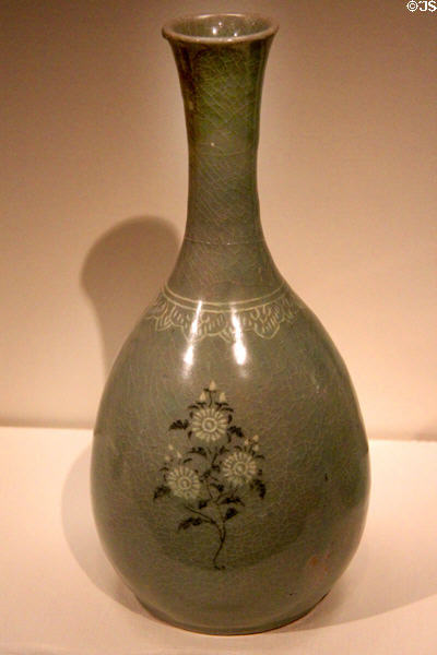 Stoneware celadon bottle (1100-1200) from Korea at Asian Art Museum. San Francisco, CA.