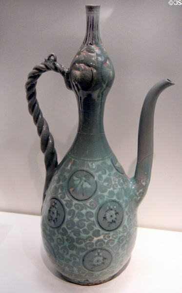 Stoneware celadon ewer in shape of gourd (1100-1200) from Korea at Asian Art Museum. San Francisco, CA.