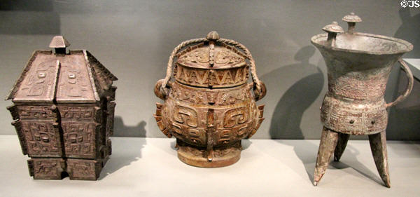 Bronze ritual vessels - two for food (1300-1050 BCE) & one for wine (c1500-1250 BCE) from China at Asian Art Museum. San Francisco, CA.
