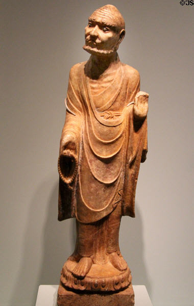 Marble sculpture of Arhat Buddhist deity (1180) from China at Asian Art Museum. San Francisco, CA.
