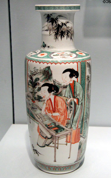 Porcelain mallet vase painted with women (1662-1722) from China at Asian Art Museum. San Francisco, CA.