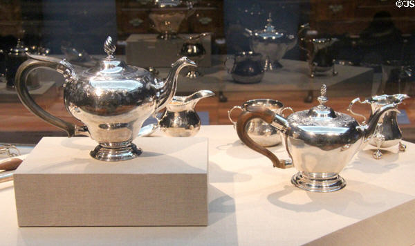 Two silver teapots (1760-4) by Myer Myers & Daniel Henchman respectively at de Young Museum. San Francisco, CA.