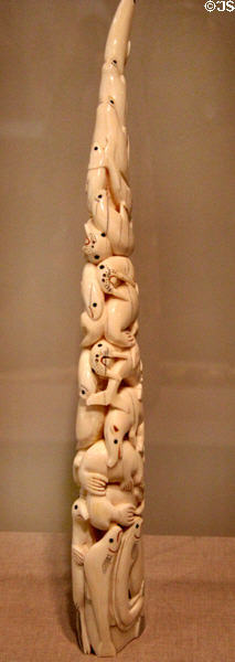 Cup'ik Inuit carved tusk with 27 animals (c1920) from Nunivak Island, Alaska at de Young Museum. San Francisco, CA.