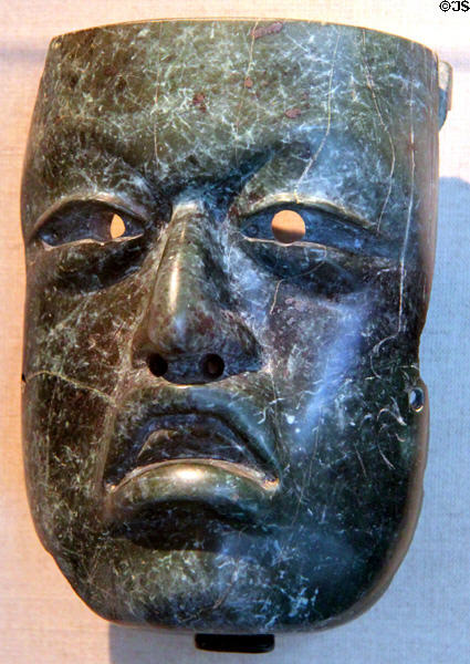 Olmec serpentine mask of deity or ruler (900-400 BCE) from Veracruz, Mexico at de Young Museum. San Francisco, CA.