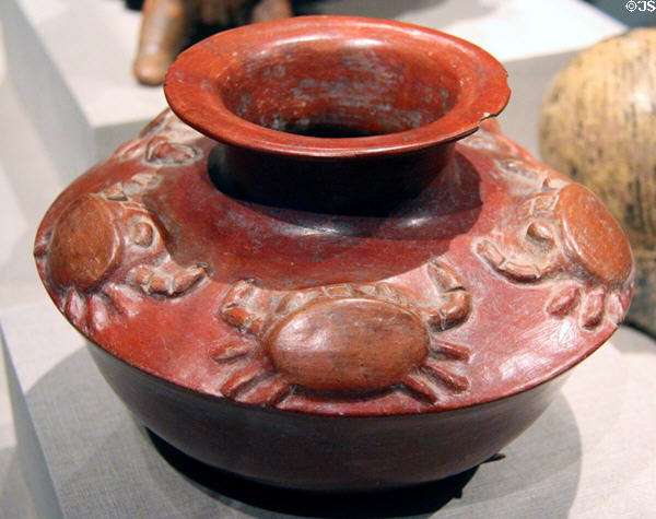 Colima earthenware vessel with crabs (300 BCE-300 CE) from West Mexico at de Young Museum. San Francisco, CA.