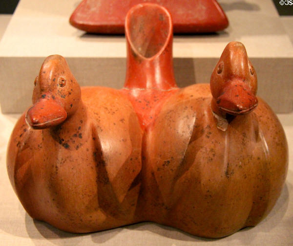 Colima earthenware vessel in form of joined ducks (300 BCE-300 CE) from West Mexico at de Young Museum. San Francisco, CA.