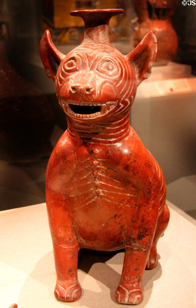 Colima earthenware seated dog (300 BCE-300 CE) from West Mexico at de Young Museum. San Francisco, CA.