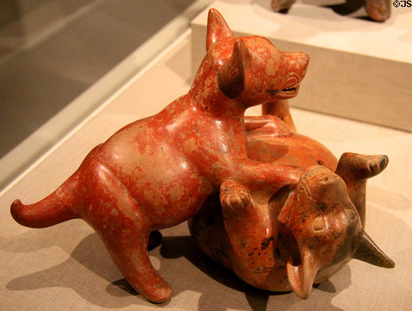 Colima earthenware playing dogs (300 BCE-300 CE) from West Mexico at de Young Museum. San Francisco, CA.