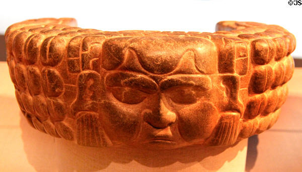 Carved stone commemorative ballgame yoke (750-1000) from Veracruz, Mexico at de Young Museum. San Francisco, CA.