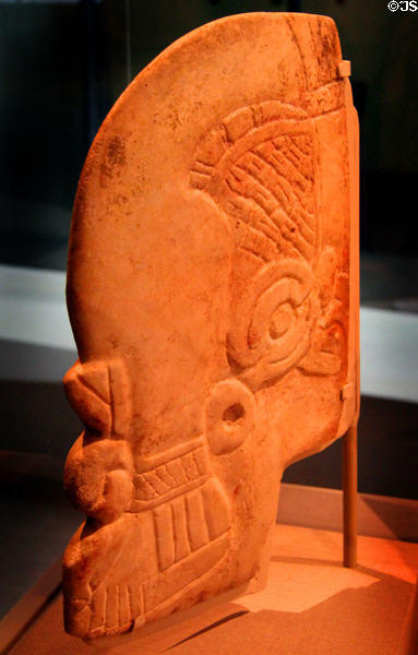 Carved stone Hacha (piece used in ballgames) (750-900) from Veracruz, Mexico at de Young Museum. San Francisco, CA.