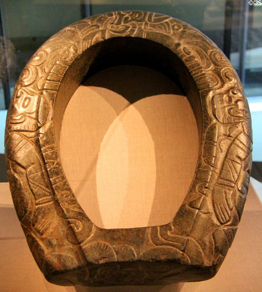 Maya carved stone commemorative ballgame yoke (c100) from Veracruz, Mexico at de Young Museum. San Francisco, CA.